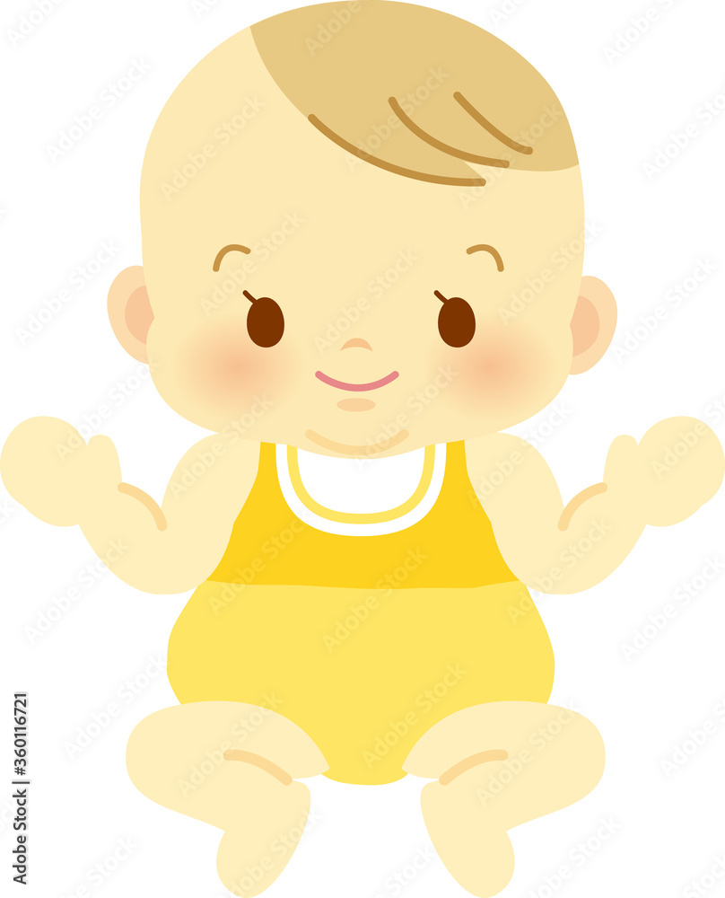 ベビー服を着た目元パッチリ笑顔の赤ちゃん　ベビー全身イラスト01
