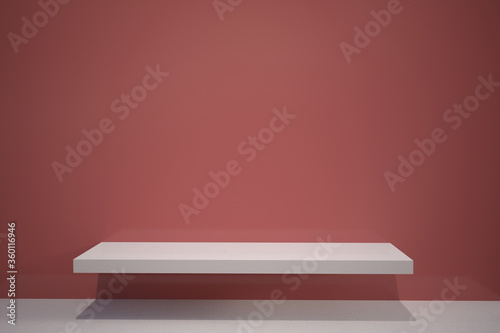 Empty podium or pedestal display on white color red green blue yellow orange gray background with red carpet and exclusive concept. Blank product shelf standing backdrop box orologio pendolo sedia bau © maximilian