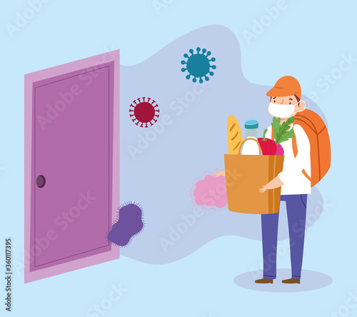 safe delivery at home during coronavirus covid-19, boy carrying grocery bag in door house cartoon