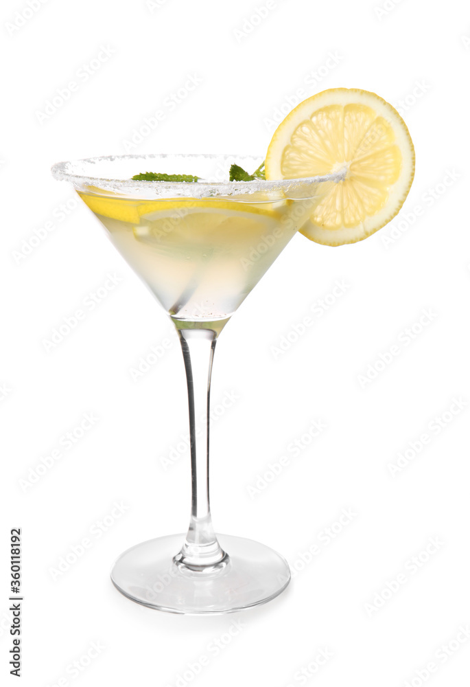 Glass of tasty martini cocktail on white background