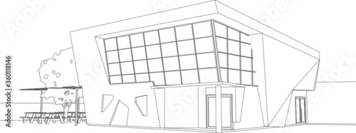 3D illustration of canteen building in vector wireframe