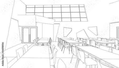 3D illustration of canteen building in vector wireframe
