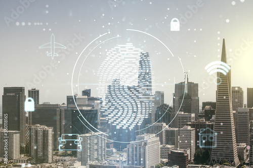 Double exposure of virtual creative fingerprint hologram on San Francisco office buildings background, protection of personal information concept