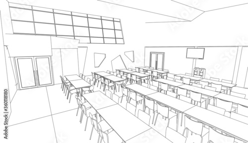 3D illustration of canteen building in vector wireframe