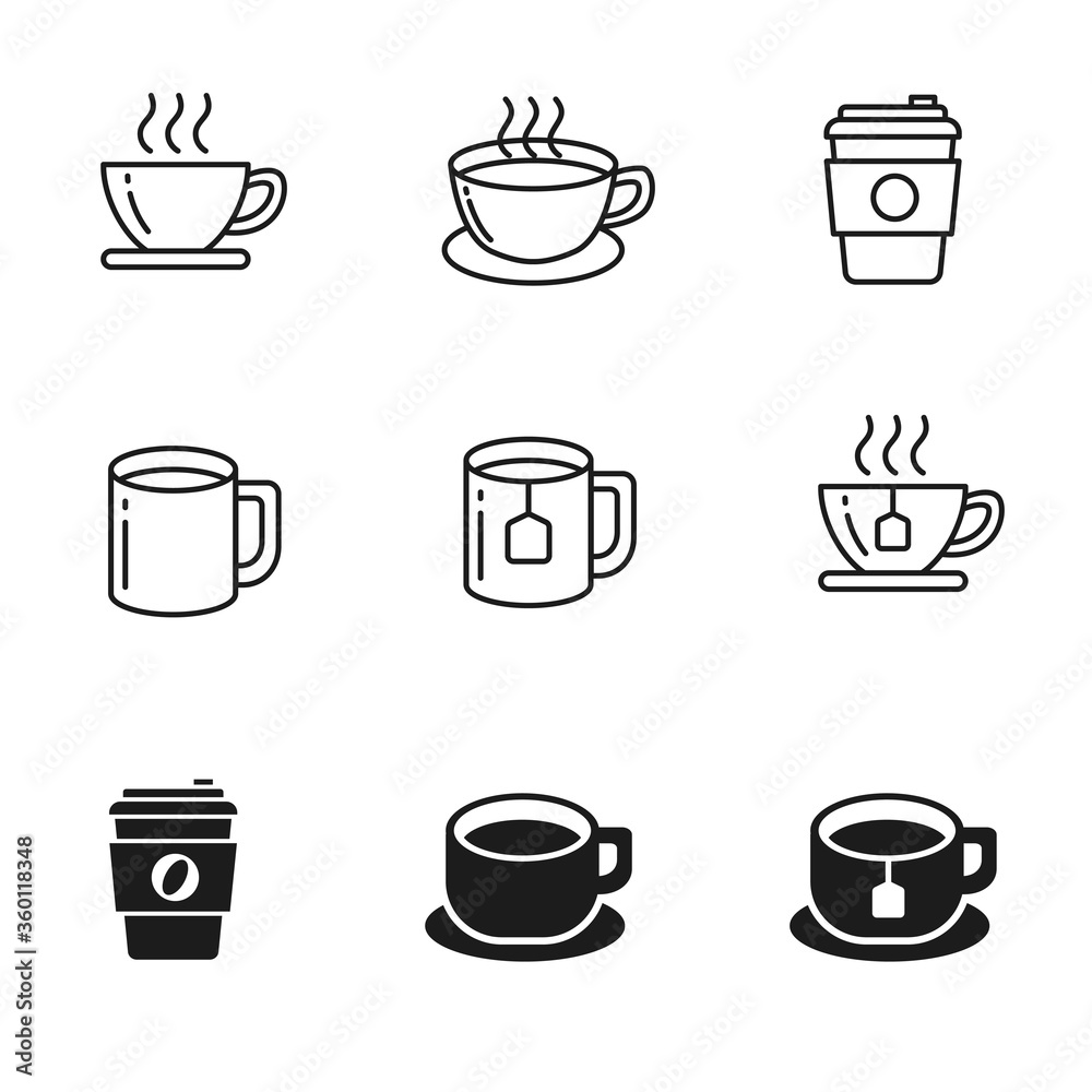 Coffee and tea icons collection draw in outline and black design isolated on white background. Simple cup of coffee and tea vector illustration Coffee and tea icons collection draw in outline and black design isolated on white background. Simple cup of coffee and tea vector illustration