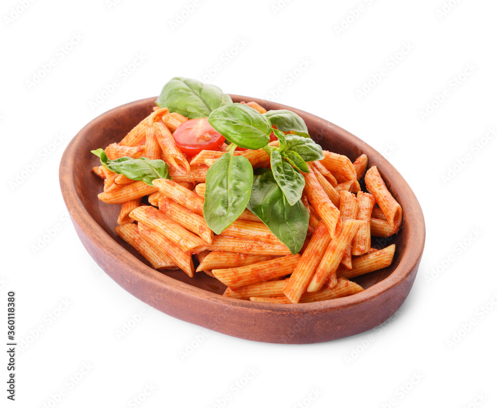 Plate with tasty pasta and tomato sauce on white background Plate with tasty pasta and tomato sauce on white background