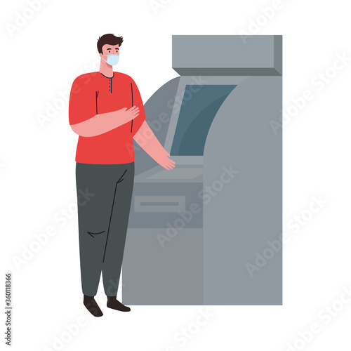 social distancing and coronavirus covid 19 prevention, man wearing medical mask, using atm