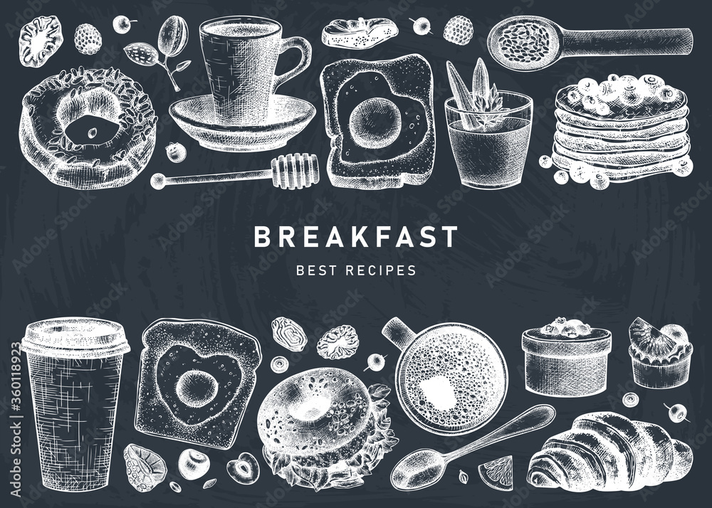 Breakfast dishes vector collection on chalk board. Morning food hand ...