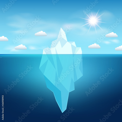 Vector iceberg in the water, sun and clouds in north, template for design.