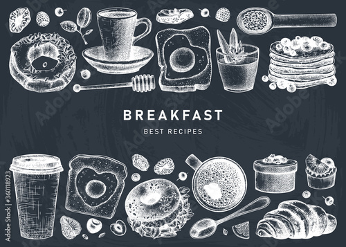 Breakfast dishes vector collection on chalk board. Morning food hand drawn illustrations. Breakfast and brunches menu design. Vintage hand drawn food and drinks sketches on chalkboard