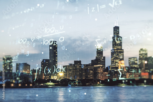 Abstract scientific formula hologram on Chicago skyline background. Multiexposure