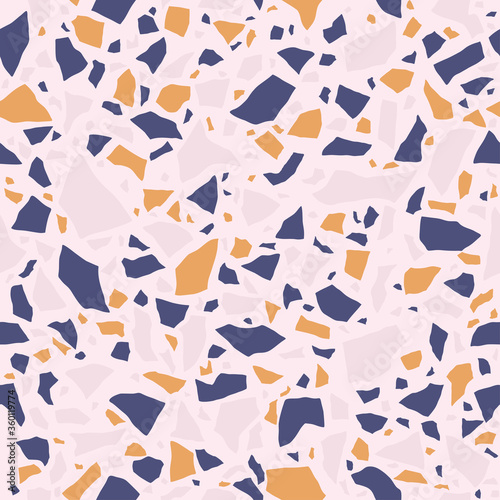 Terrazzo flooring texture. Polished pebble stone tile. Abstract blue and orange color seamless pattern, vector background. 