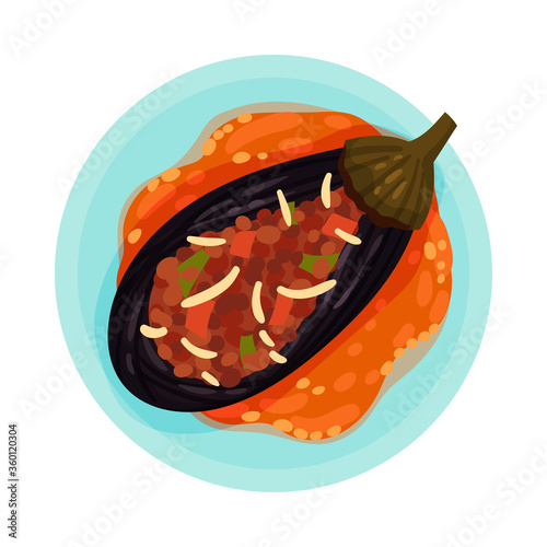 Eggplant Stuffed with Forcemeat and Vegetables Rested in Gravy on Plate Top View Vector Illustration