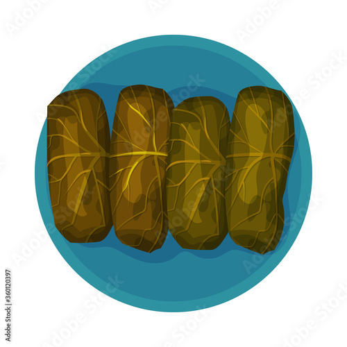 Vine Leaves Stuffed with Spicy Rice Top View Vector Illustration