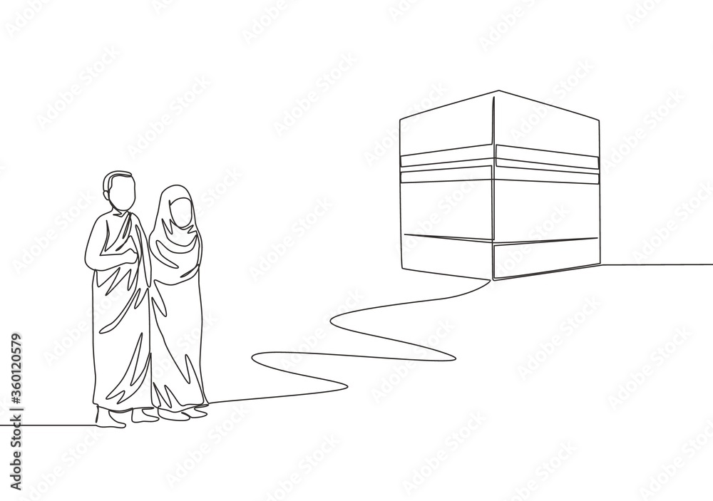 Single continuous line drawing of muslim and muslimah pilgrim walk to holy place Kaabah at Mecca, Saudi Arabia. Muslim holiday, Eid al Adha greeting card concept one line draw design illustration Single continuous line drawing of muslim and muslimah pilgrim walk to holy place Kaabah at Mecca, Saudi Arabia. Muslim holiday, Eid al Adha greeting card concept one line draw design illustration