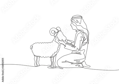 One single line drawing of young muslim holding a sheep. Islamic holiday the sacrifice a goat or sheep, Eid al Adha greeting card concept continuous line draw design illustration