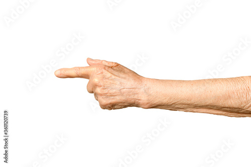 Old lady arm on a white background. Hand of elderly woman indicates direction