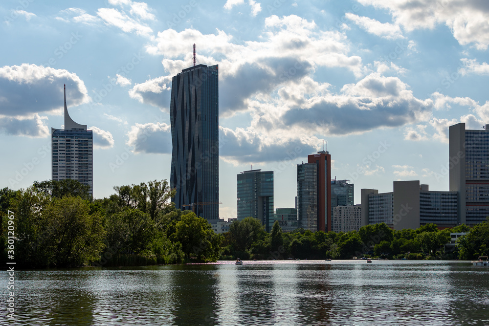 Corporte building Vienna.  The Vienna International Center is a Complex with tall skyscrapers and high rise (corporate and residential) buildings next to the Danube River. 