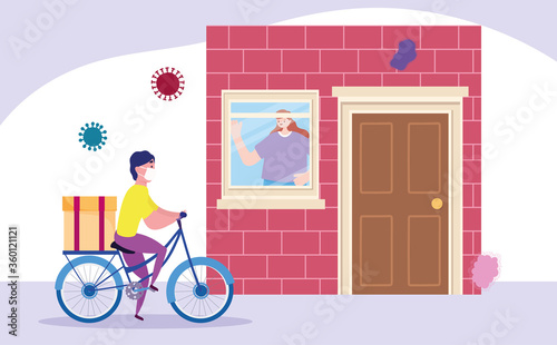 safe delivery at home during coronavirus covid-19, courier man riding bike and customer waiting deliver in house