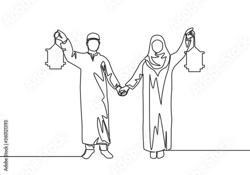Eid Mubarak poster, banner and greeting card design Single continuous line drawing of young Islamic muslim muslimah couple holding hands and lantern lamp. Eid Al Fitr one line draw vector illustration