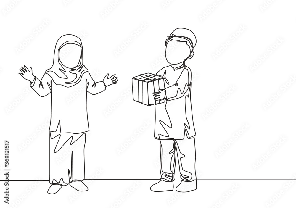 Single continuous line drawing of young muslim boy giving a present gift to sister. Eid Mubarak greeting card, banner, and poster concept. Trendy one line draw design illustration background