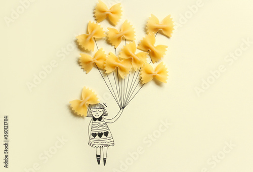 Illustration drawing of a girl, holding raw pasta 