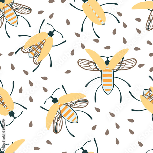 Seamless pattern of cartoon simple beetle collection colored insects flat vector illustration on white background