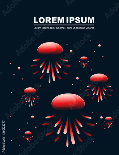 Abstract red jellyfish with neon style color flat vector illustration on dark background