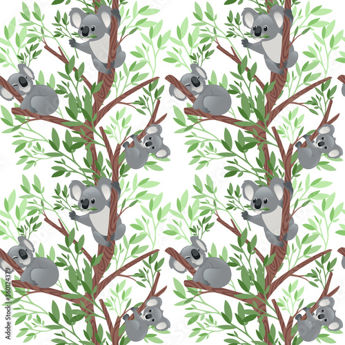 Seamless pattern of cute grey koala bear in different poses eating sleeping leaves cartoon animal design flat vector illustration on green background with leaves