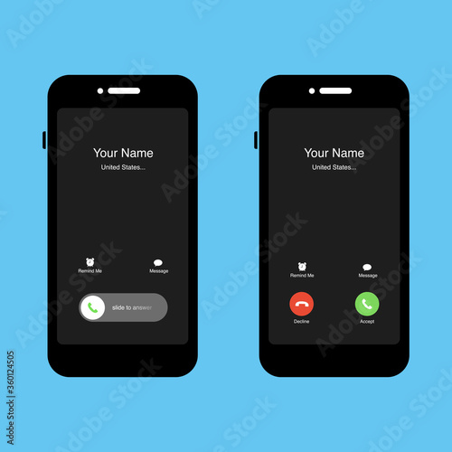 Phone incoming call screen interface set. Slide to answer. Accept button, Decline button. Incoming call. Smartphone call screen template. Mock up vector illustration.