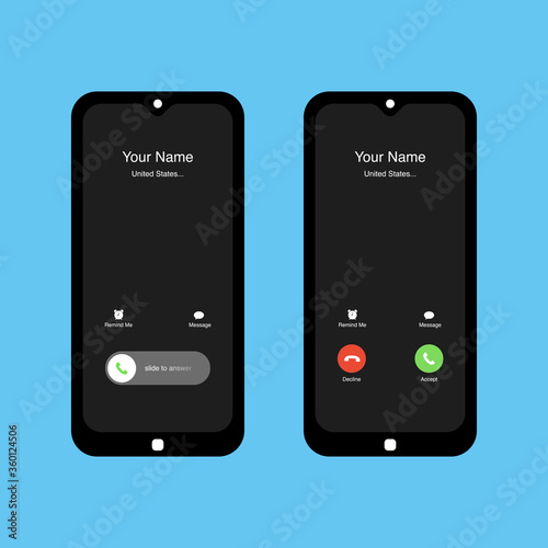 Phone incoming call screen interface set. Slide to answer. Accept button, Decline button. Incoming call. Smartphone call screen template. Mock up vector illustration.