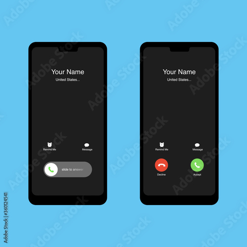 Phone incoming call screen interface set. Slide to answer. Accept button, Decline button. Incoming call. Smartphone call screen template. Mock up vector illustration.