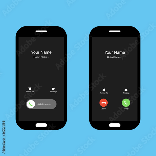 Phone incoming call screen interface set. Slide to answer. Accept button, Decline button. Incoming call. Smartphone call screen template. Mock up vector illustration.