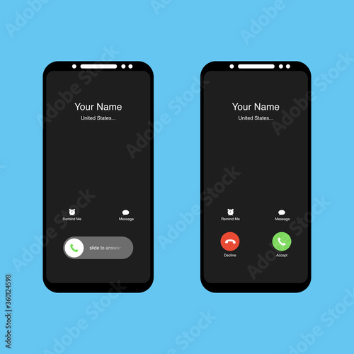 Phone incoming call screen interface set. Slide to answer. Accept button, Decline button. Incoming call. Smartphone call screen template. Mock up vector illustration.