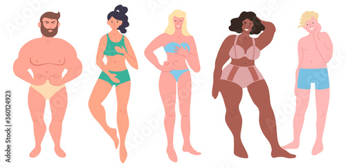 Set of diverse young people wearing underwear. Full body portraits of men and women, different races. Girls and guys with various complexion and colors of skin. Isolated vector collection
