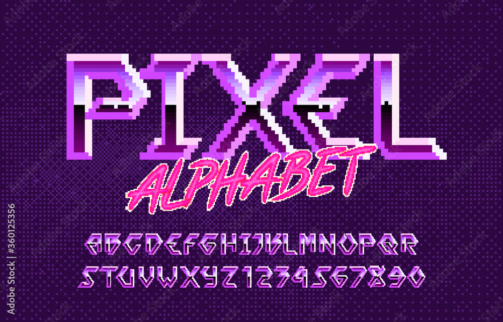 Pixel alphabet font. Hard rock metallic effect letters and numbers. Pixel background. 80s arcade video game typescript.