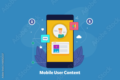 Mobile content, multimedia application, mobile advertising and digital marketing, user generated content on smartphone screen. Web banner template, marketing and technology. 