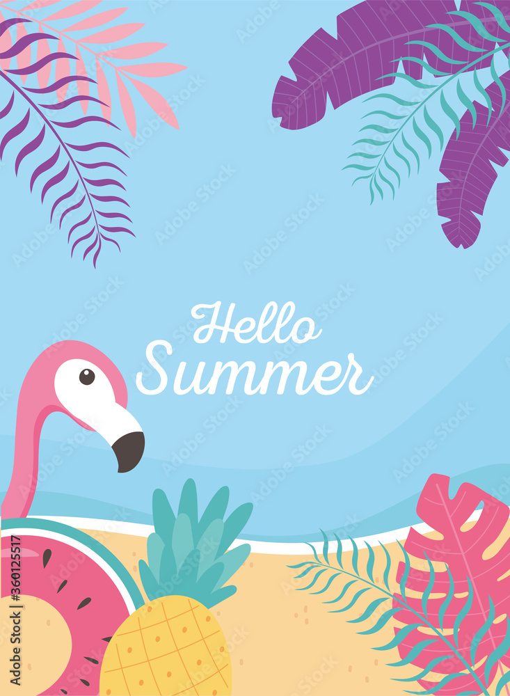 Naklejka premium flamingo float pineapple beach exotic tropical leaves, hello summer lettering
