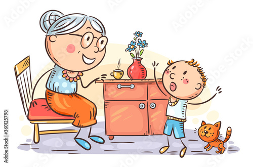 Child emotionally speaking with his granny, grandmother and kid, cartoon illustration