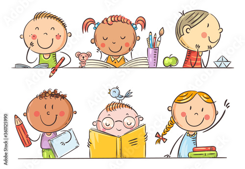 Cartoon kids in the classroom at school sitting at their desks