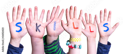 Children Hands Building Colorful English Word Skills. White Isolated Background