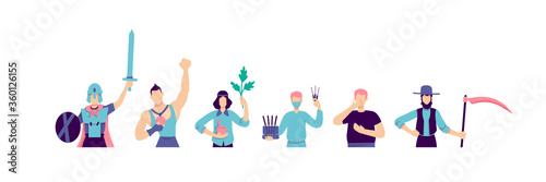 Different subcultures flat color vector faceless characters set