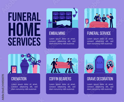 Funeral home services flat color vector informational infographic template