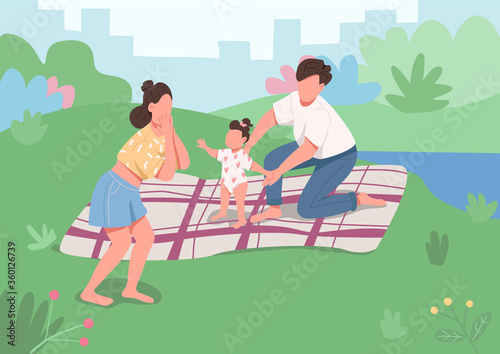 Young family picnic flat color vector illustration
