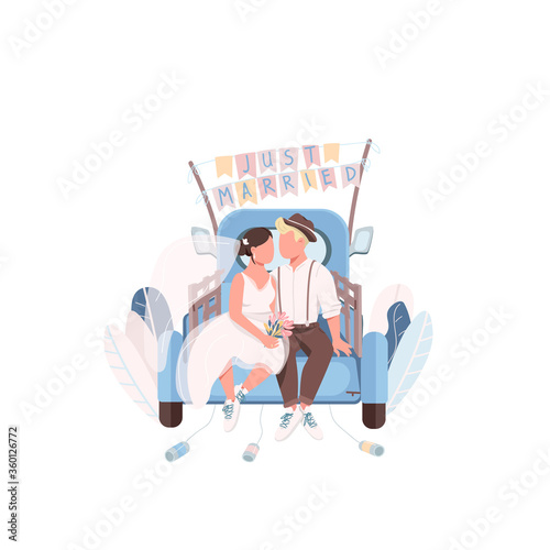 Just married couple in car flat color vector faceless characters