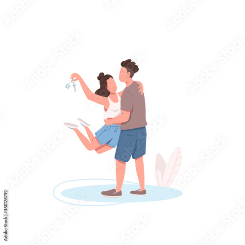 Young couple with new apartment key flat color vector faceless characters
