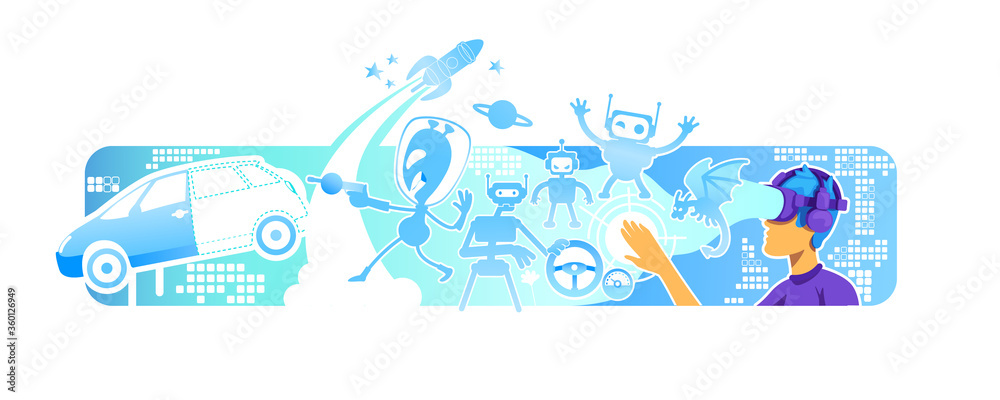 Virtual reality experience 2D vector web banner, poster Virtual reality experience 2D vector web banner, poster