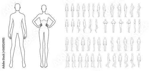 Fashion template of 50 men and women. 9 head size for technical drawing. Gentlemen and lady figure front, side, 3-4 and back view. Vector outline boy and girl for fashion sketching and illustration. photo