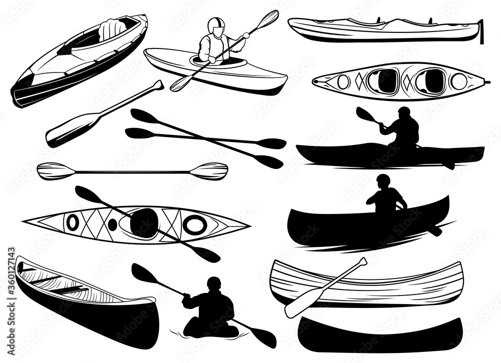 Set of canoe silhouettes. Collection of people floating in a kayak