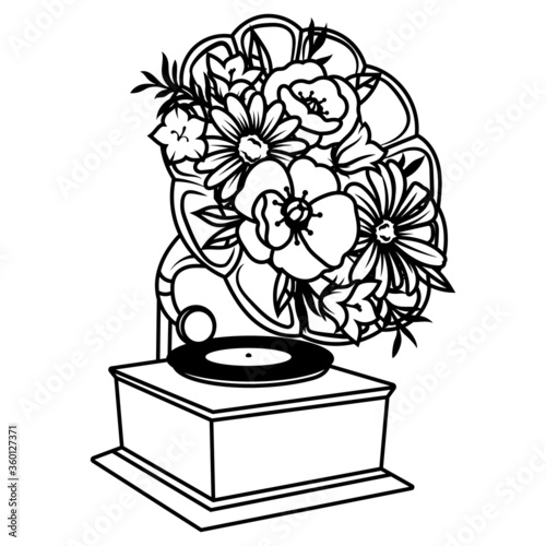 Illustration of floral gramophone. Retro vinyl players. Equipment of music playing  for music lovers. Musical logotype. Tattoo. 